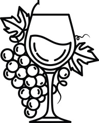 Elegant glass of wine with delicious grapes and leaves outline art