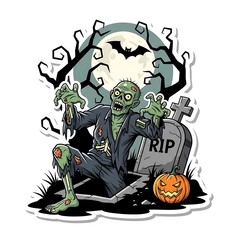 Spooky Halloween Zombie Rising from Grave with Pumpkin and Bat.