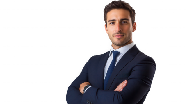 Portrait of a man in a suit with arms crossed against  looking at the camera on transparent background - Powered by Adobe