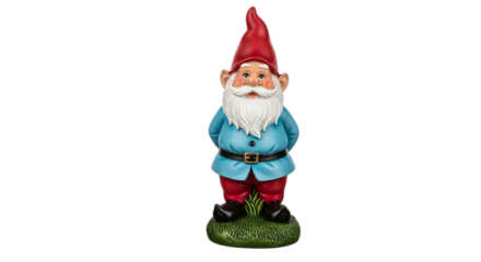 Garden gnome standing on grass with a red hat and blue shirt against a for outdoor decoration and whimsical garden art projects