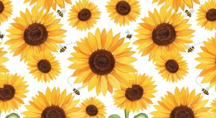 Watercolor sunflowers and bees seamless pattern