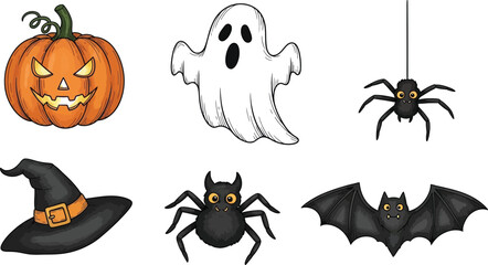 Spooky Halloween characters pumpkin ghost bat spider witch hat fun