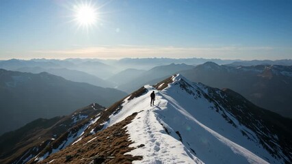 Lone hiker walks along a snowy mountain ridge under the sun - Powered by Adobe