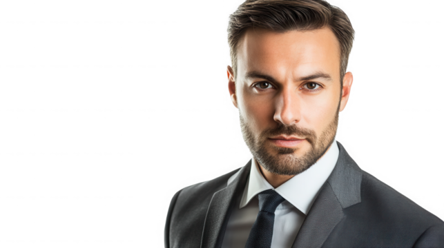 Portrait of a man in a suit with a black tie against looking at the camera on transparent background