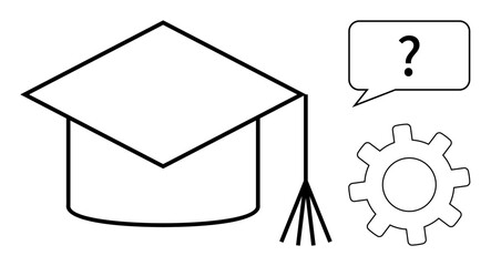 Graduation cap, speech bubble with question mark, and gear expressing education, inquiry, knowledge, problem-solving. Ideal for learning, career planning, innovation thinking skill-building