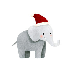 Cute watercolor elephant wearing Santa hat isolated on transparent background