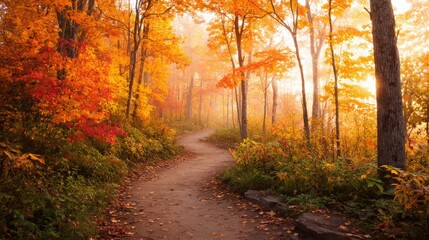 Winding path through a forest ablaze with autumn colors.