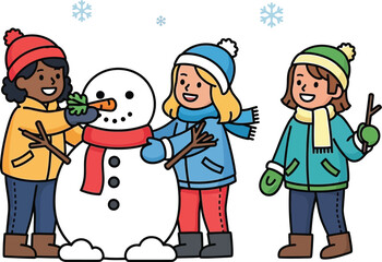 Happy kids building a snowman together on a bright winter day