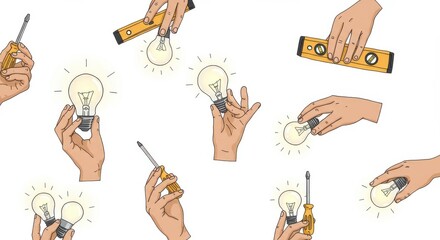 Hands holding light bulbs, screwdrivers, and levels on white background