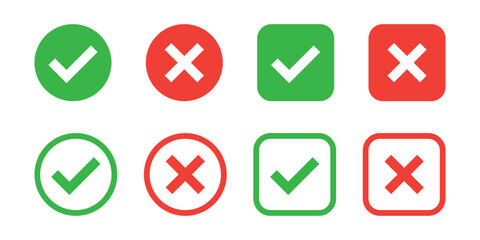 Tick and cross icon set. Green checkmark and red x buttons in rectangular and round shape. Transparent vector and PNG © PixN