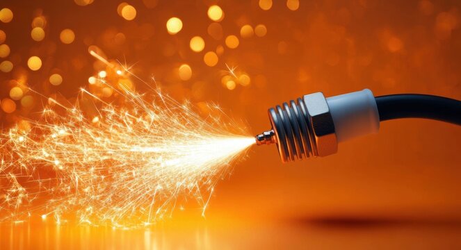 Close-up of a nozzle spraying bright, fiery sparks against a blurred warm orange background, creating a dynamic and energetic effect