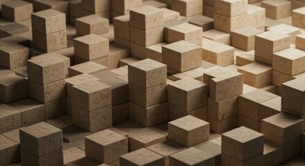 Abstract cubes textured beige blocks forming a complex, geometric landscape