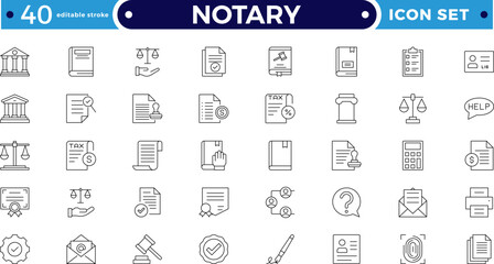 Legal and notary outline icon collection. Includes certificate, contract, signature, seal, oath, witness, and document symbols. Modern outline icons for law, validation. Editable stroke outline icon. 