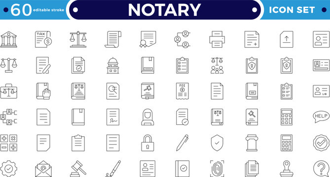 Legal and notary outline icon collection. Includes certificate, contract, signature, seal, oath, witness, and document symbols. Modern outline icons for law, validation. Editable stroke outline icon. 