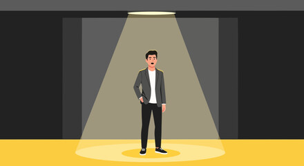 Man Illuminated Under a Spotlight on Stage Presenting Surprise And Amazement