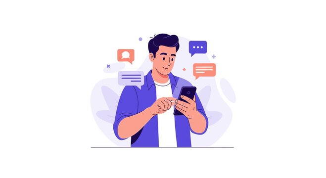 Man Holding Smartphone with Chat Bubbles Messaging Illustration on White Background