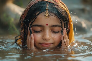 Fototapeta premium Young girl washing her face in a serene water source rural setting emotional portrait natural light