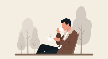 Man Savoring Coffee Outdoors Amidst Minimalist Trees In A Moment Of Tranquility