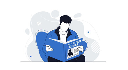 Man Meditating On Nutritional Information Reading Book, Healthy Lifestyle And Diet