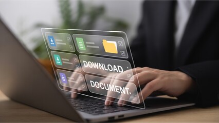 Businessman using a laptop with a futuristic holographic interface to download and manage digital documents from an online cloud server