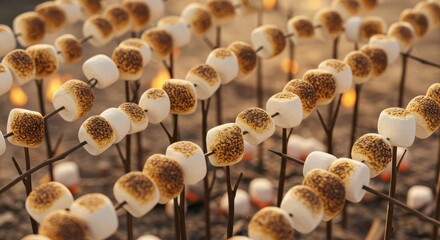 Crispy toasted marshmallows on sticks over a campfire