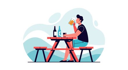 Man Sipping Beer Recreationally At Red Beer Table Amongst Minimalistic Graphic Colors