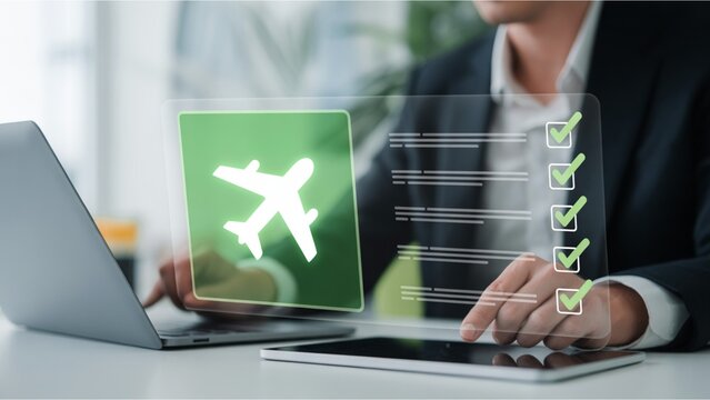 Businessman using a digital tablet and laptop to manage his travel plans, interacting with a virtual flight checklist for online booking and insurance