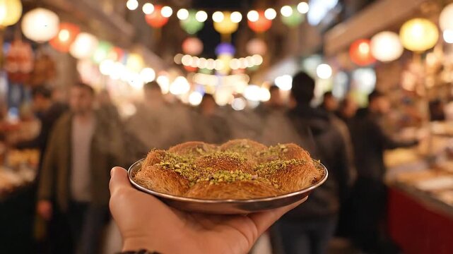 Savoring sweet kunefe dessert held in hand at a vibrant night market with glowing lanterns overhead