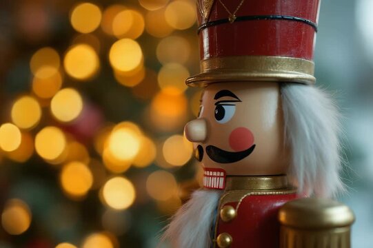 Festive Holiday Decoration Close-up of a Traditional Wooden Toy Soldier with Bokeh Lights for Seasonal Celebration and Holiday Magic