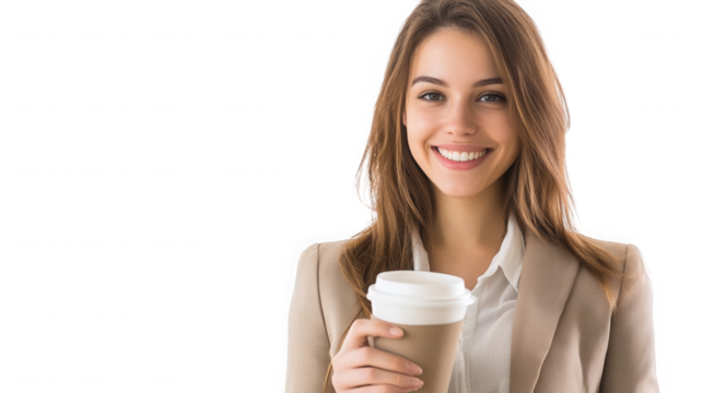 Portrait of a smiling woman in a blazer holding a coffee cup against cutout on transparent background - Powered by Adobe