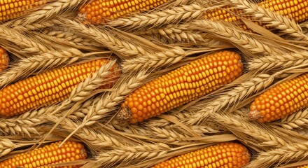 Close-up of golden corn and wheat ears, autumn harvest bounty