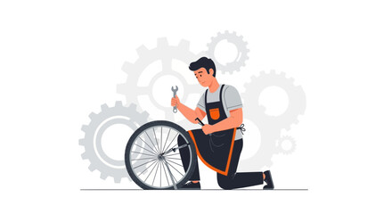 Mechanic Repairing Bicycle Wheel With Tools In A Modern Vector Illustration