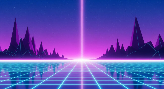synthwave wallpaper, futuristic, neon background, digital landscape, retro wave, 80s aesthetic, glowing grid, cyber wallpaper, neon purple, vaporwave art - Powered by Adobe