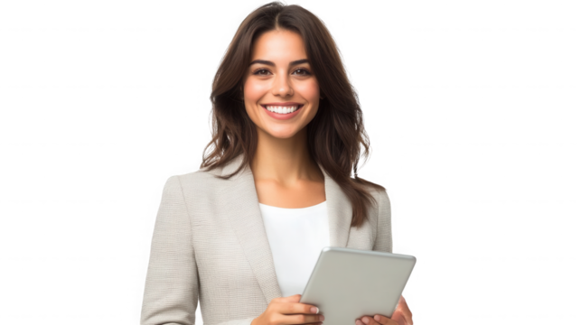 Portrait of a smiling woman in a blazer holding a tablet against  in a studio shot on transparent background