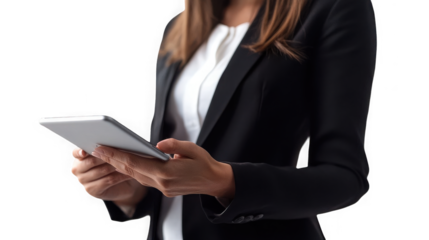 A woman in a blazer holding a tablet against in a professional setting look on transparent background