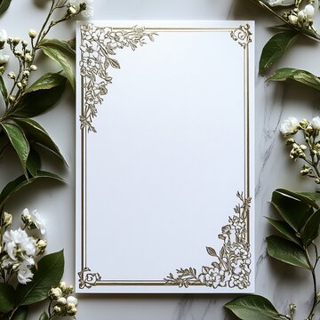 Blank white card with golden floral corner designs framed by green leaves and white blossoms for wedding events