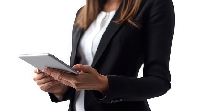 A woman in a blazer holding a tablet against in a professional setting look on transparent background