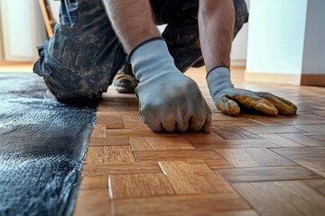 Close-up of a worker wearing gloves installing wooden parquet flooring over adhesive in a bright room