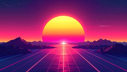 Neon sunrise over a mountain range with perspective road