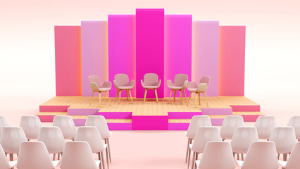 3d rendering of pastel light stage and pink gradation backdrop with modern seats for events, talks, interview and presentation