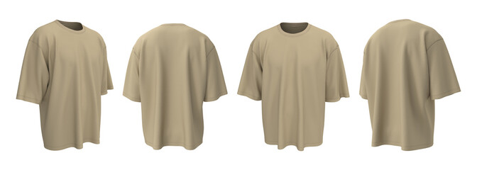 Blank oversized short sleeve t-shirt mockup in front, side, and back view, 3D render
