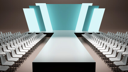 3d rendering of catwalk fashion empty runway with modern pattern backdrop, Event and fashion show concept