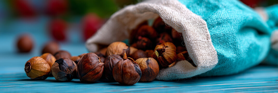 Soapnuts in turquoise cotton bag on blue table – Natural washing alternative