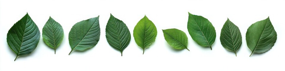 Obraz premium Row of nine green leaves of varying sizes and shapes displayed in a horizontal line on a white background