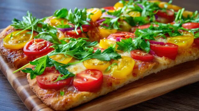 Summertime flatbread topped with freshly sliced tomatoes, sprigs of arugula and other herbs, set on a rustic wooden board