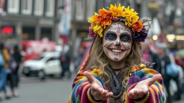Day Of The Dead, Colorful Celebration Featuring Joyful Figures in Vibrant Attire and Festive Face Paint