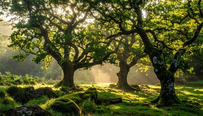 Fototapeta premium Majestic old trees bathed in sunlight, creating a dreamy forest scene