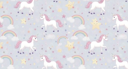 Whimsical unicorns, rainbows, and stars create a magical patterned background design