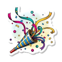 Vibrant Party Popper Exploding with Colorful Confetti and Streamers Sticker Illustration.