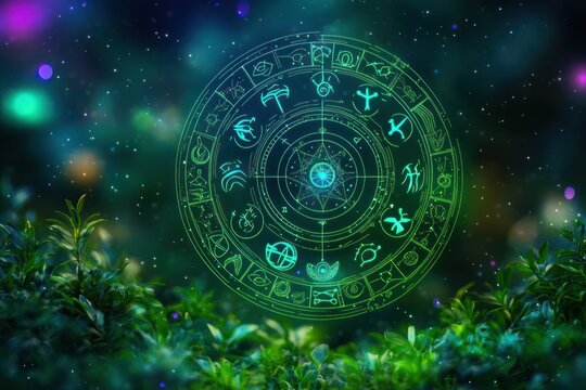 Glowing futuristic green zodiac wheel floating above lush green foliage with cosmic starry background